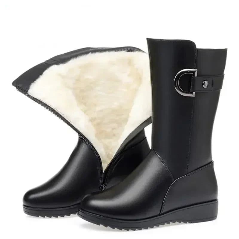 image-2023 Winter Leather Women Winter Boots Thick Wool Warm Women High-heeled Genuine Boot High-quality Female Snow Boots Women Shoes