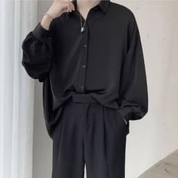 image-Black Long-sleeved Shirts Men Korean Comfortable Blouses Casual Loose Single Breasted Shirt With Tie