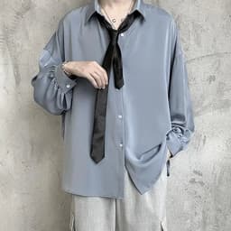 image-Black Long-sleeved Shirts Men Korean Comfortable Blouses Casual Loose Single Breasted Shirt With Tie
