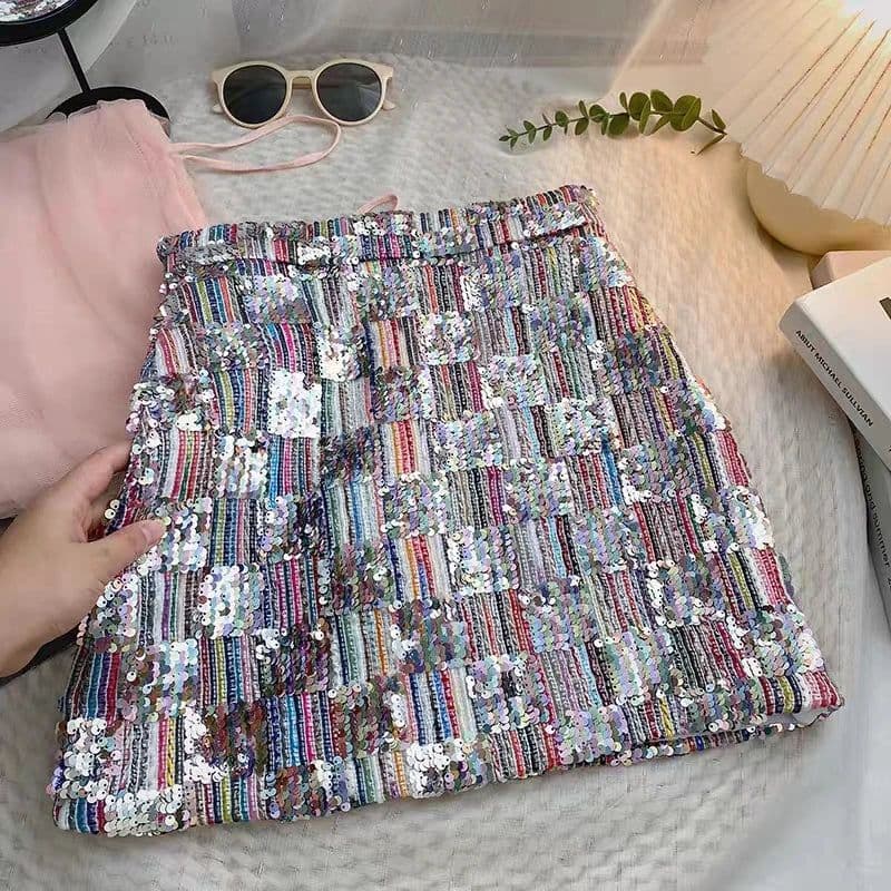 image-Women Sexy Sequins Skirts High Waisted Shiny Mini Skirt Korean Zipper Fly A-Line Black Y2k Evening Skirt Club Slim Chic Gothic