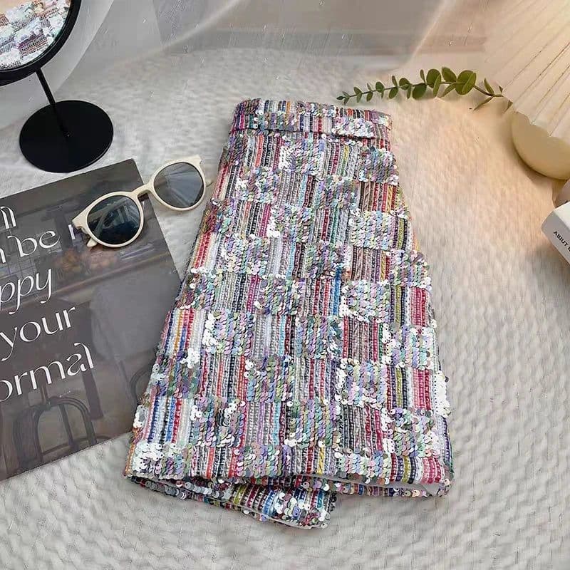 image-Women Sexy Sequins Skirts High Waisted Shiny Mini Skirt Korean Zipper Fly A-Line Black Y2k Evening Skirt Club Slim Chic Gothic