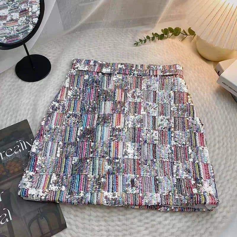 image-Women Sexy Sequins Skirts High Waisted Shiny Mini Skirt Korean Zipper Fly A-Line Black Y2k Evening Skirt Club Slim Chic Gothic