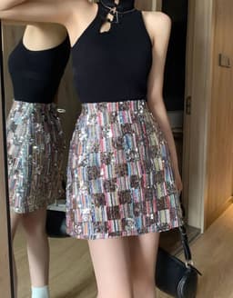 image-Women Sexy Sequins Skirts High Waisted Shiny Mini Skirt Korean Zipper Fly A-Line Black Y2k Evening Skirt Club Slim Chic Gothic