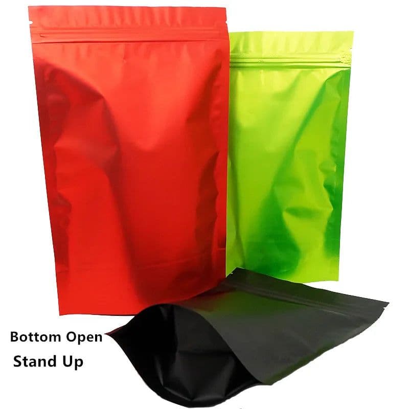 image-100pcs Standing Up Aluminum Foil Zip Lock Bags Matt Finish in Black/Red/Green Color - Zipper Close Grocery Plastic Packing Pouch