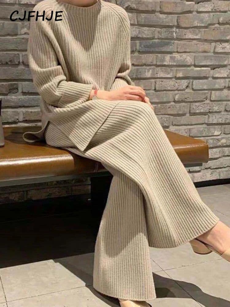 image-CJFHJE New Knitted Sweater Suit Women Elegant Solid O-Neck Pullovers Wide Leg Pants Suit Lady Winter Soft 2 Piece Set Homewear