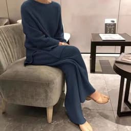 image-CJFHJE New Knitted Sweater Suit Women Elegant Solid O-Neck Pullovers Wide Leg Pants Suit Lady Winter Soft 2 Piece Set Homewear