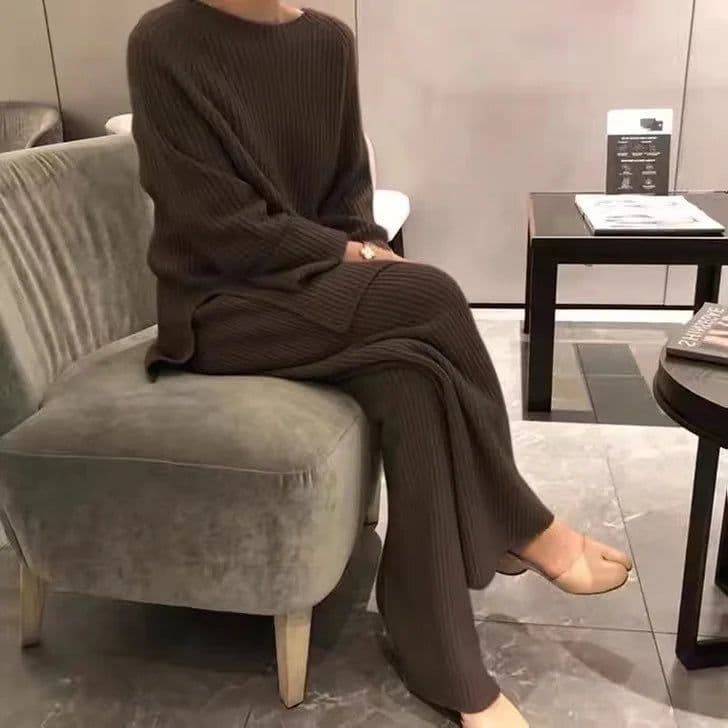 image-CJFHJE New Knitted Sweater Suit Women Elegant Solid O-Neck Pullovers Wide Leg Pants Suit Lady Winter Soft 2 Piece Set Homewear