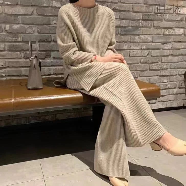image-CJFHJE New Knitted Sweater Suit Women Elegant Solid O-Neck Pullovers Wide Leg Pants Suit Lady Winter Soft 2 Piece Set Homewear