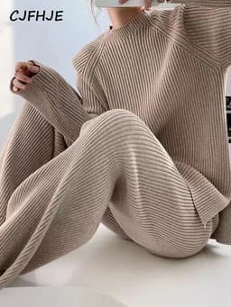 image-CJFHJE New Knitted Sweater Suit Women Elegant Solid O-Neck Pullovers Wide Leg Pants Suit Lady Winter Soft 2 Piece Set Homewear