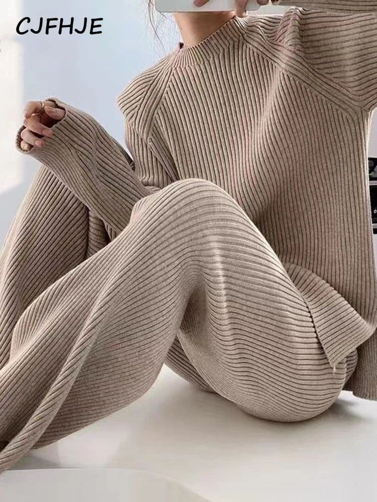 image-CJFHJE New Knitted Sweater Suit Women Elegant Solid O-Neck Pullovers Wide Leg Pants Suit Lady Winter Soft 2 Piece Set Homewear