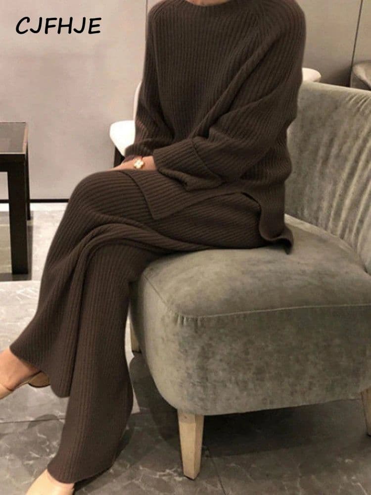 image-CJFHJE New Knitted Sweater Suit Women Elegant Solid O-Neck Pullovers Wide Leg Pants Suit Lady Winter Soft 2 Piece Set Homewear