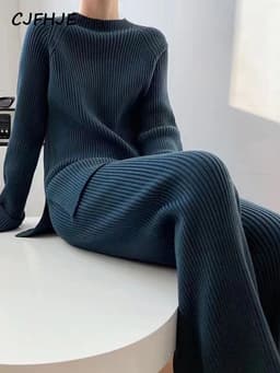 image-CJFHJE New Knitted Sweater Suit Women Elegant Solid O-Neck Pullovers Wide Leg Pants Suit Lady Winter Soft 2 Piece Set Homewear