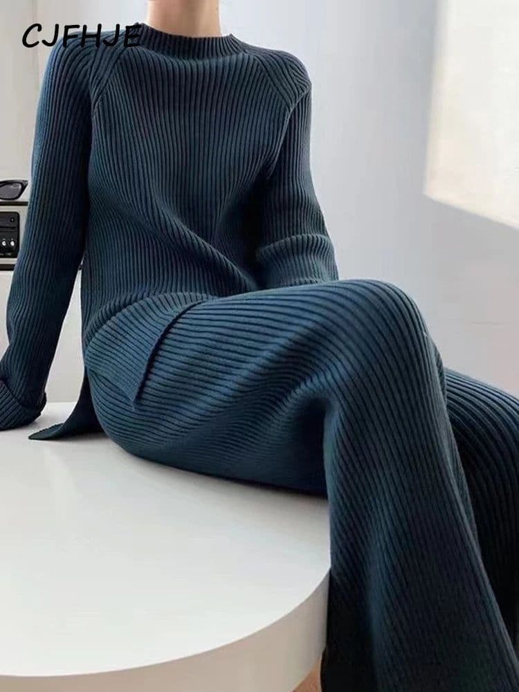 image-CJFHJE New Knitted Sweater Suit Women Elegant Solid O-Neck Pullovers Wide Leg Pants Suit Lady Winter Soft 2 Piece Set Homewear