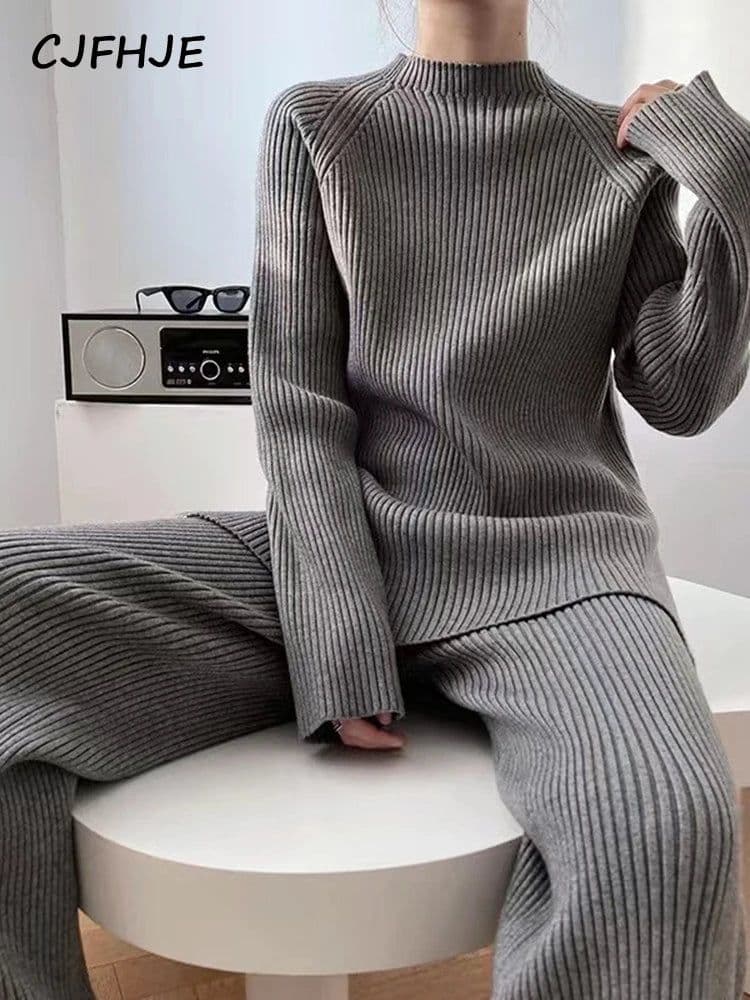 image-CJFHJE New Knitted Sweater Suit Women Elegant Solid O-Neck Pullovers Wide Leg Pants Suit Lady Winter Soft 2 Piece Set Homewear
