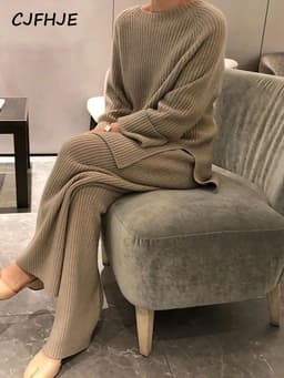 image-CJFHJE New Knitted Sweater Suit Women Elegant Solid O-Neck Pullovers Wide Leg Pants Suit Lady Winter Soft 2 Piece Set Homewear