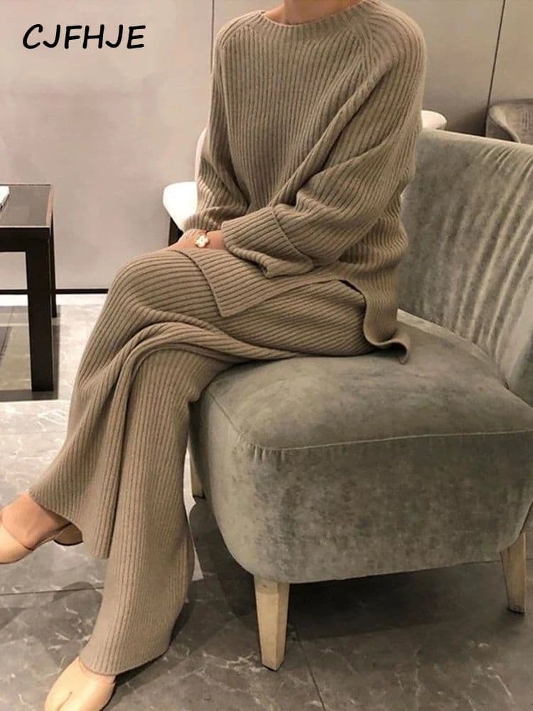 image-CJFHJE New Knitted Sweater Suit Women Elegant Solid O-Neck Pullovers Wide Leg Pants Suit Lady Winter Soft 2 Piece Set Homewear