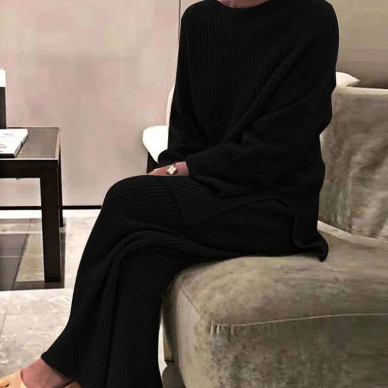image-CJFHJE New Knitted Sweater Suit Women Elegant Solid O-Neck Pullovers Wide Leg Pants Suit Lady Winter Soft 2 Piece Set Homewear