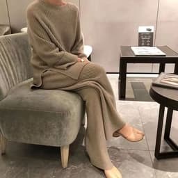 image-CJFHJE New Knitted Sweater Suit Women Elegant Solid O-Neck Pullovers Wide Leg Pants Suit Lady Winter Soft 2 Piece Set Homewear
