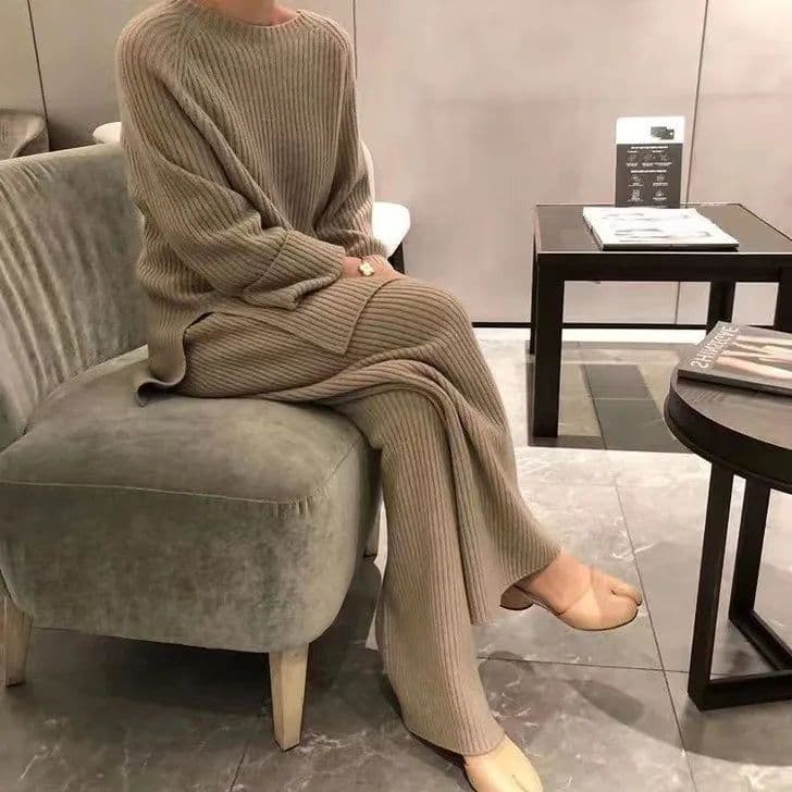 image-CJFHJE New Knitted Sweater Suit Women Elegant Solid O-Neck Pullovers Wide Leg Pants Suit Lady Winter Soft 2 Piece Set Homewear