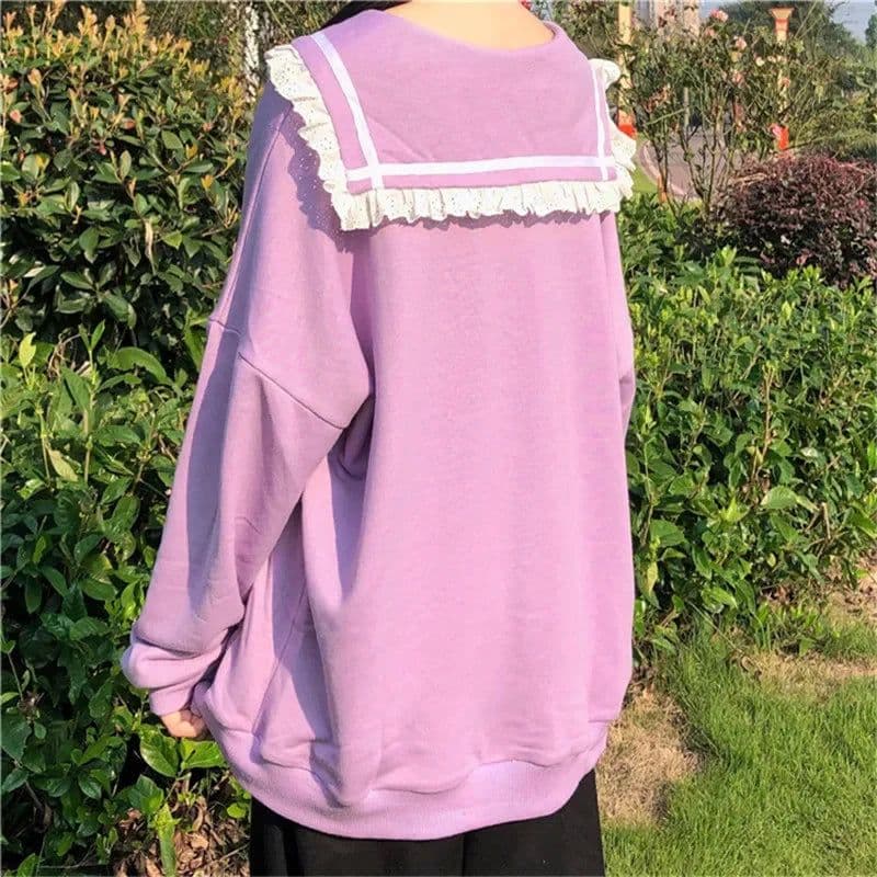 image-Autumn Sweet Women Hoodies Loose Hooded Sailor Collar Cute Lace Patchwork Female Zip Up Hoodies 2023 NEW