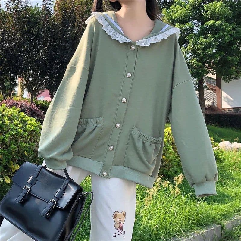 image-Autumn Sweet Women Hoodies Loose Hooded Sailor Collar Cute Lace Patchwork Female Zip Up Hoodies 2023 NEW