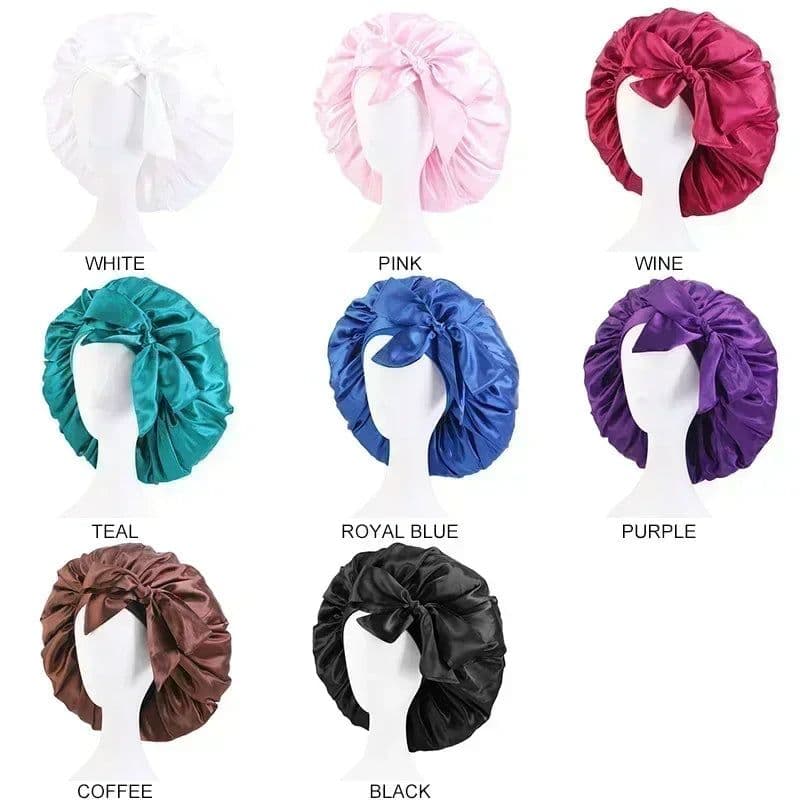 image-Women Satin Solid Sleeping Hat Night Sleep Cap for Women Shower Caps Waterproof Solid Sleeping Hair Bonnets Adjustable Cap