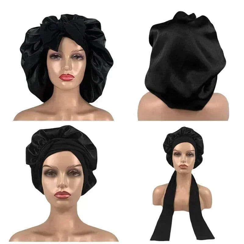 image-Women Satin Solid Sleeping Hat Night Sleep Cap for Women Shower Caps Waterproof Solid Sleeping Hair Bonnets Adjustable Cap