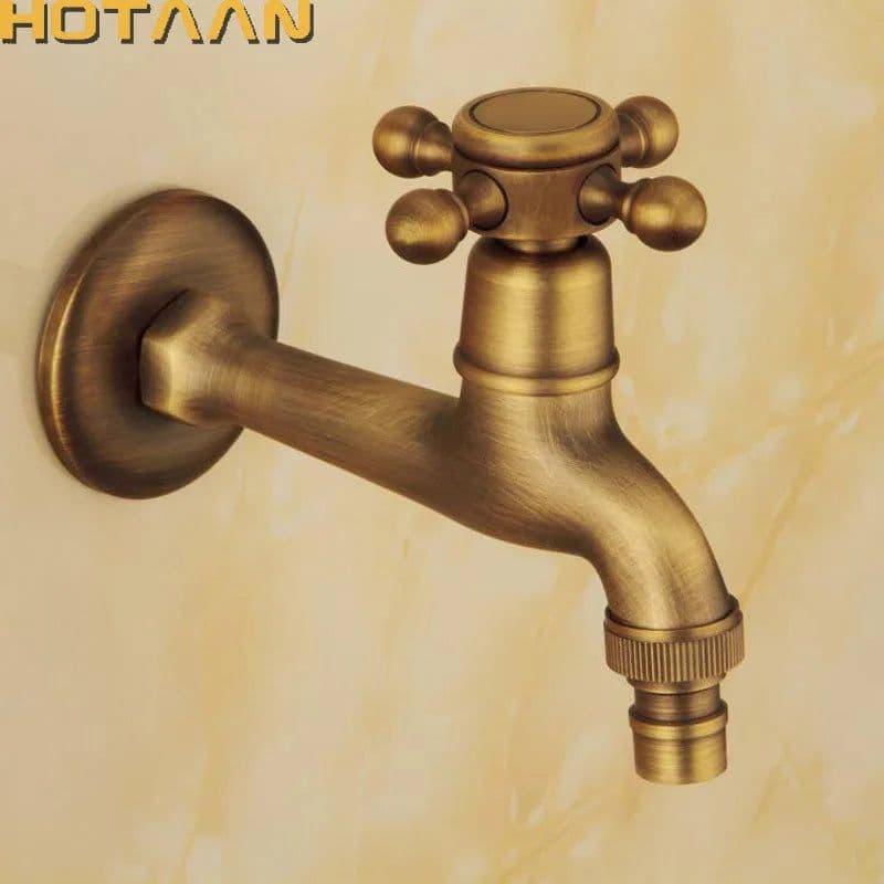 image-Long garden use Bibcock faucet tap crane Antique Brass Finish Bathroom Wall Mount Washing Machine Water Faucet Taps YT-5158
