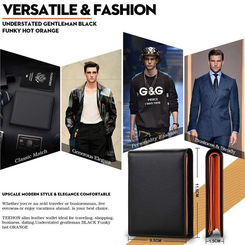 image-2024 Genuine Leather Wallet Men Slim RFID Classic Soft Solid Purse Card Holder Coin Pocket ID Window Minimalist Wallets