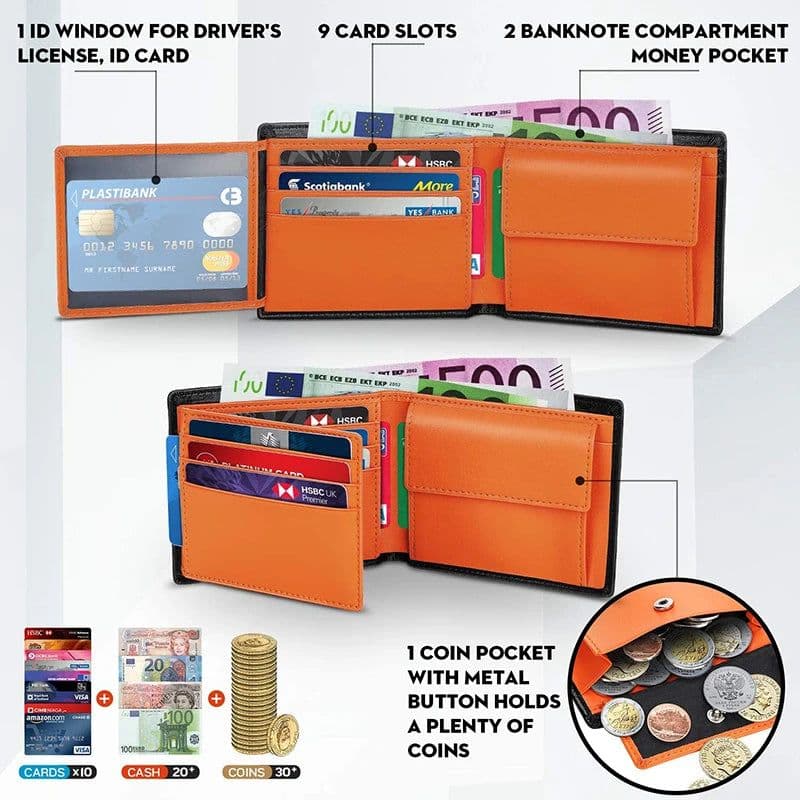 image-2024 Genuine Leather Wallet Men Slim RFID Classic Soft Solid Purse Card Holder Coin Pocket ID Window Minimalist Wallets