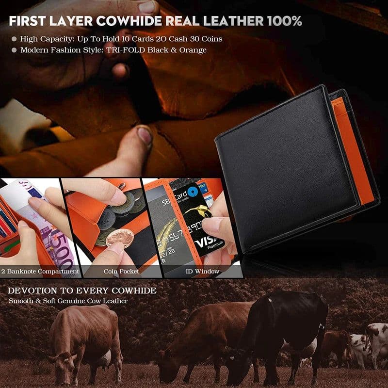 image-2024 Genuine Leather Wallet Men Slim RFID Classic Soft Solid Purse Card Holder Coin Pocket ID Window Minimalist Wallets