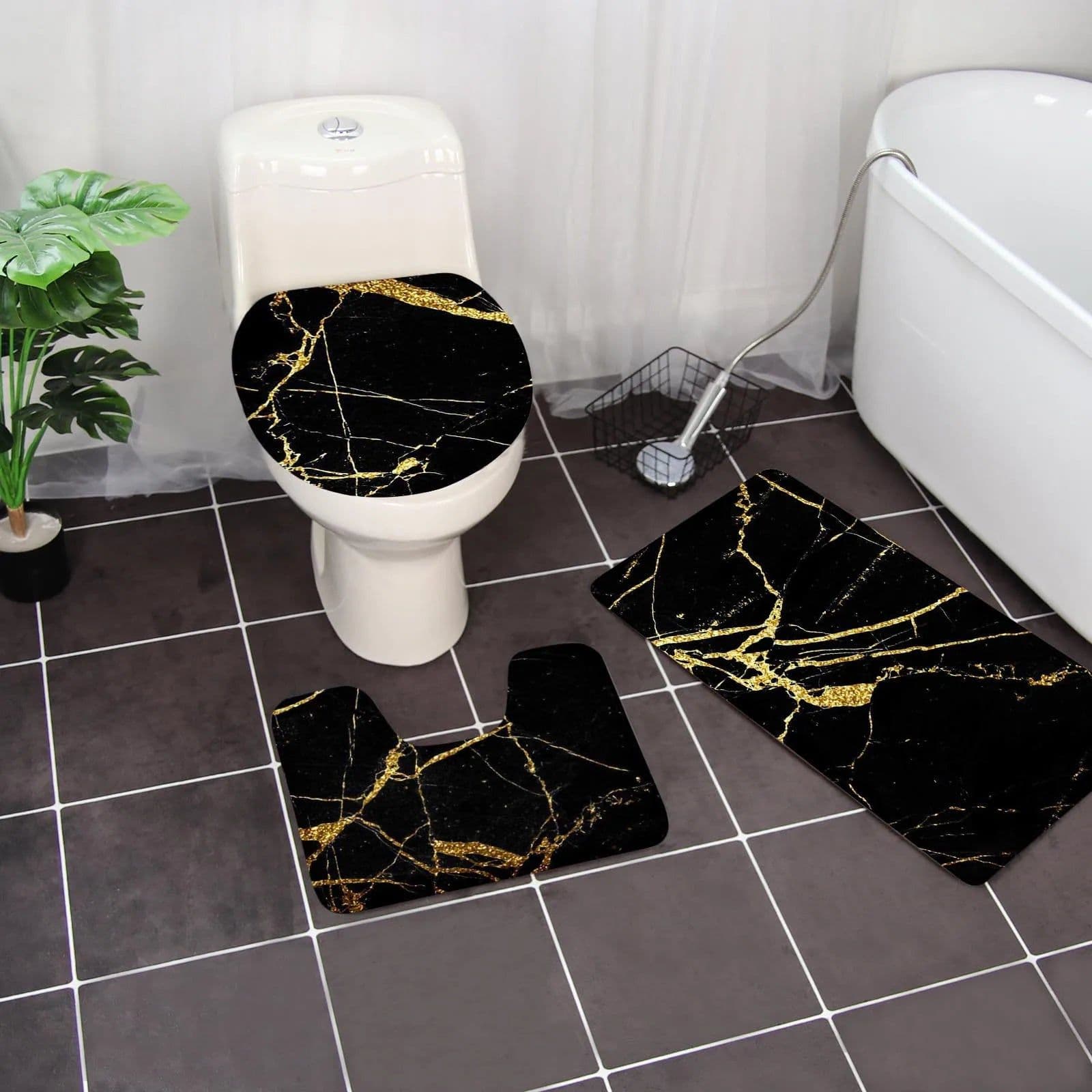 image-3 Piece Set Bathroom Rug Marbling Non-Slip Extra Absorbent Toilet Bath Foot Mats Sets Soft & Dry Home Washable Carpets