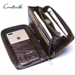 image-Genuine Leather Men Clutch Wallet Brand Male Card Holder Long Zipper Around Travel Purse With Passport Holder 6.5" Phone Case