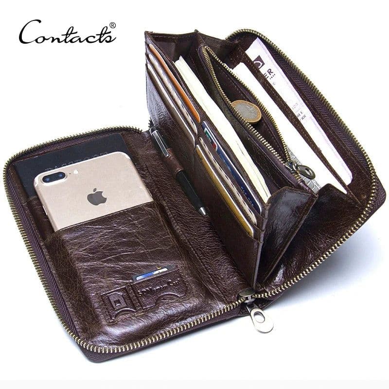 image-Genuine Leather Men Clutch Wallet Brand Male Card Holder Long Zipper Around Travel Purse With Passport Holder 6.5" Phone Case