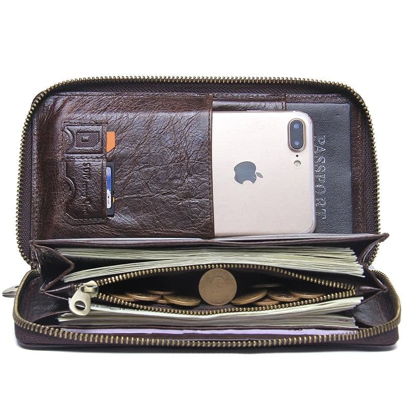 image-Genuine Leather Men Clutch Wallet Brand Male Card Holder Long Zipper Around Travel Purse With Passport Holder 6.5" Phone Case