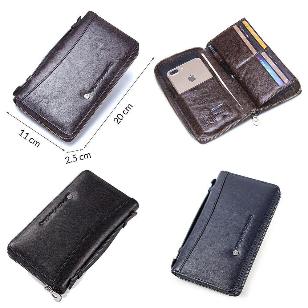 image-Genuine Leather Men Clutch Wallet Brand Male Card Holder Long Zipper Around Travel Purse With Passport Holder 6.5" Phone Case