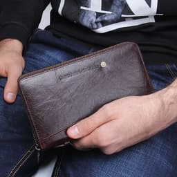 image-Genuine Leather Men Clutch Wallet Brand Male Card Holder Long Zipper Around Travel Purse With Passport Holder 6.5" Phone Case