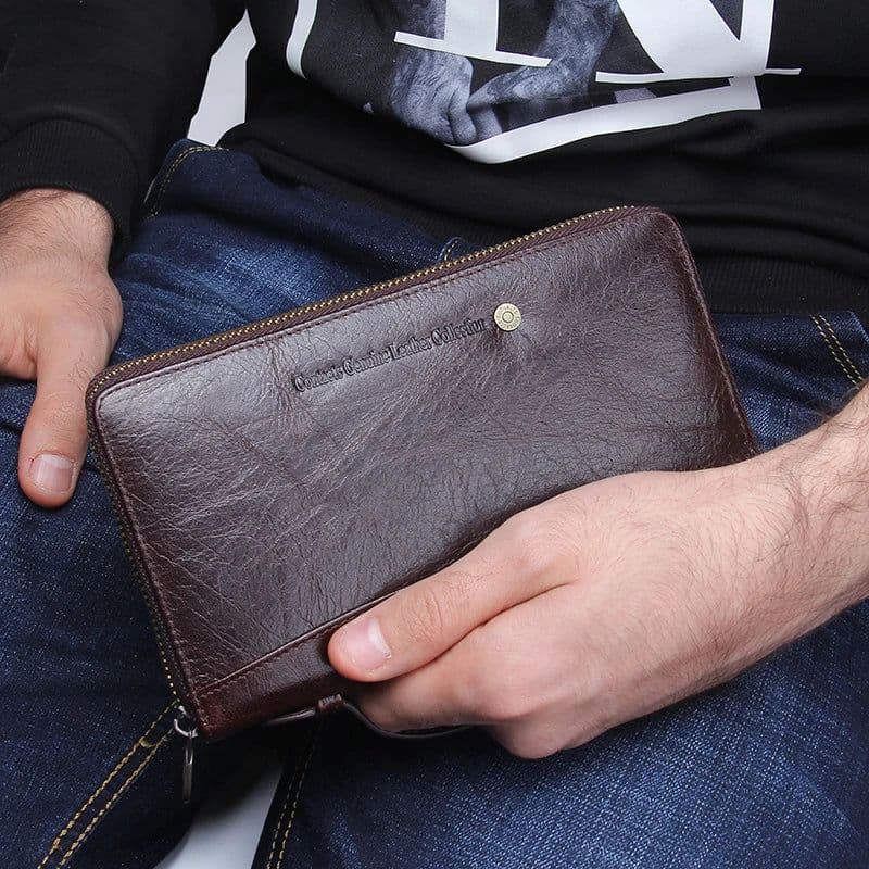 image-Genuine Leather Men Clutch Wallet Brand Male Card Holder Long Zipper Around Travel Purse With Passport Holder 6.5" Phone Case