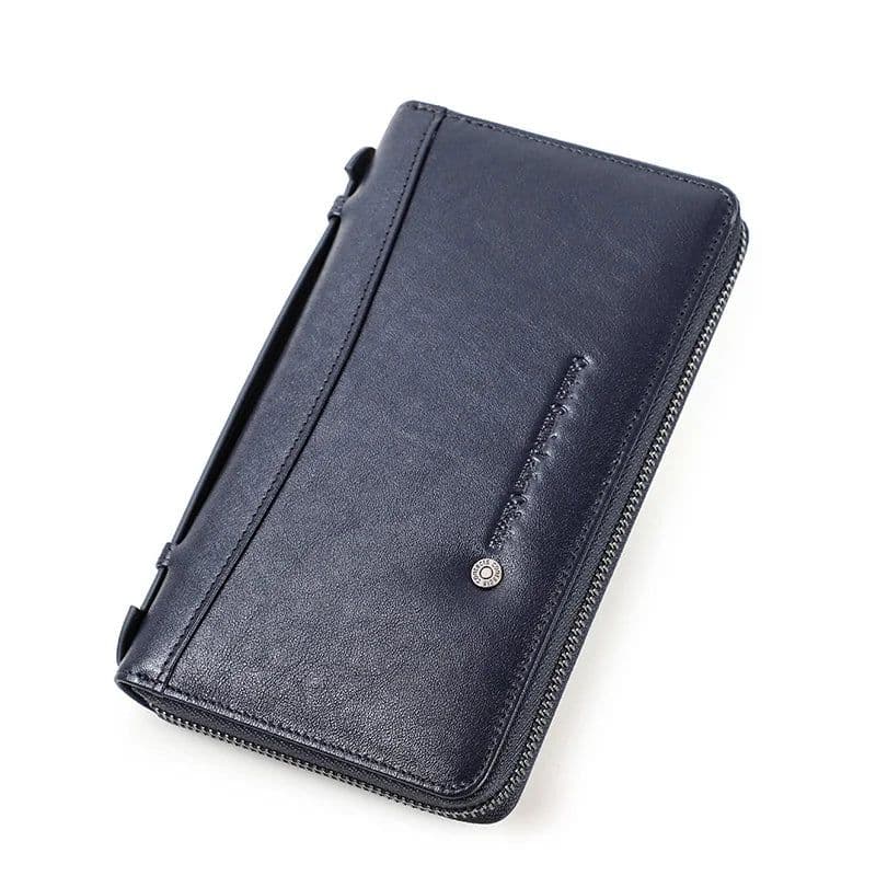 image-Genuine Leather Men Clutch Wallet Brand Male Card Holder Long Zipper Around Travel Purse With Passport Holder 6.5" Phone Case