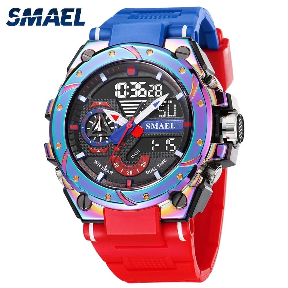 image-Quartz Watch For Men SMAEL Wristwatches Watcholorful Red Bracelet 50M Waterproof Alarm Clock Analog Digitals 8060 Sport Watches