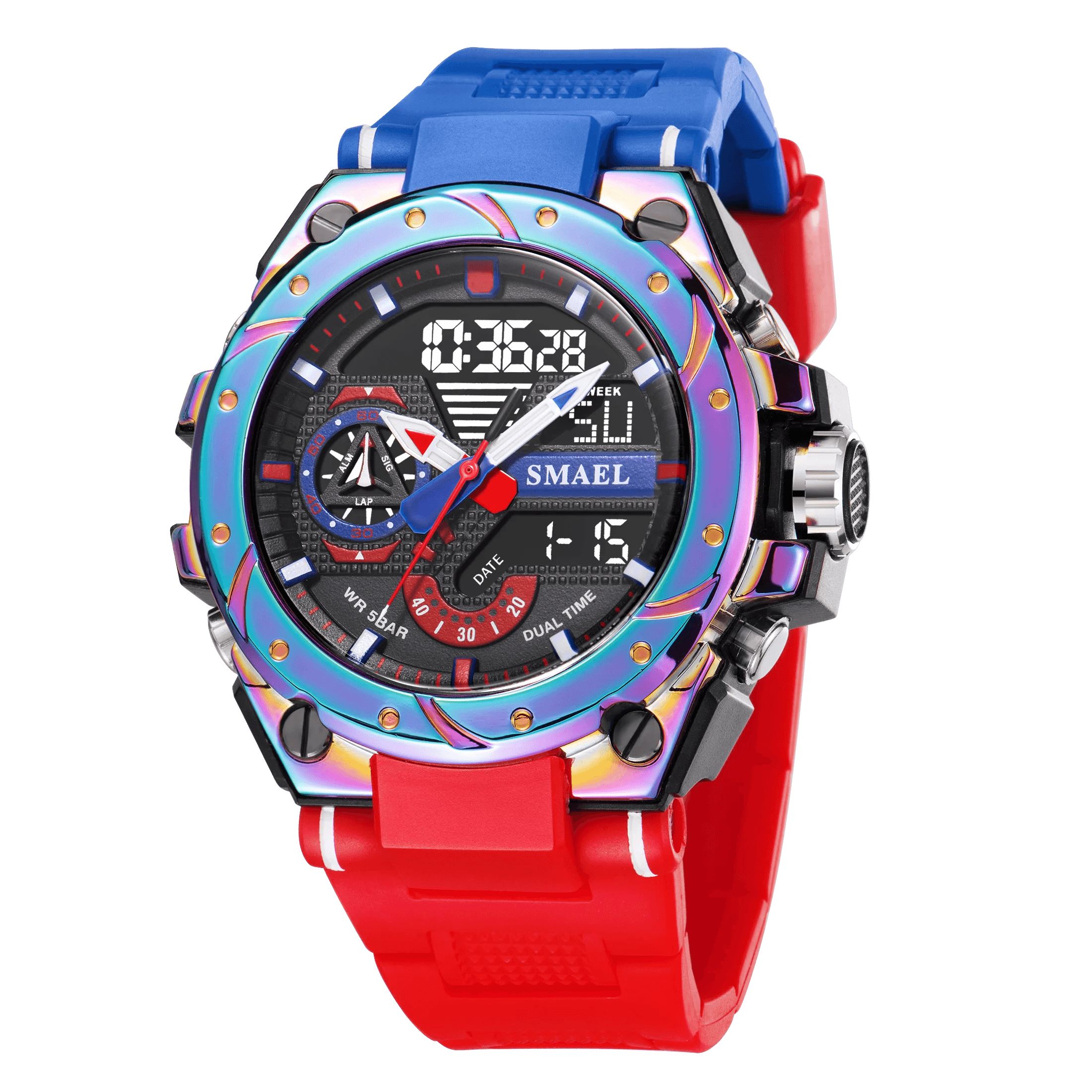 image-Quartz Watch For Men SMAEL Wristwatches Watcholorful Red Bracelet 50M Waterproof Alarm Clock Analog Digitals 8060 Sport Watches