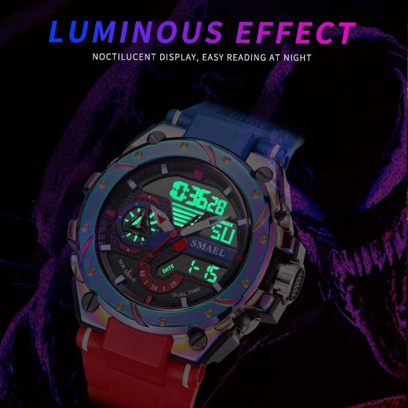 image-Quartz Watch For Men SMAEL Wristwatches Watcholorful Red Bracelet 50M Waterproof Alarm Clock Analog Digitals 8060 Sport Watches