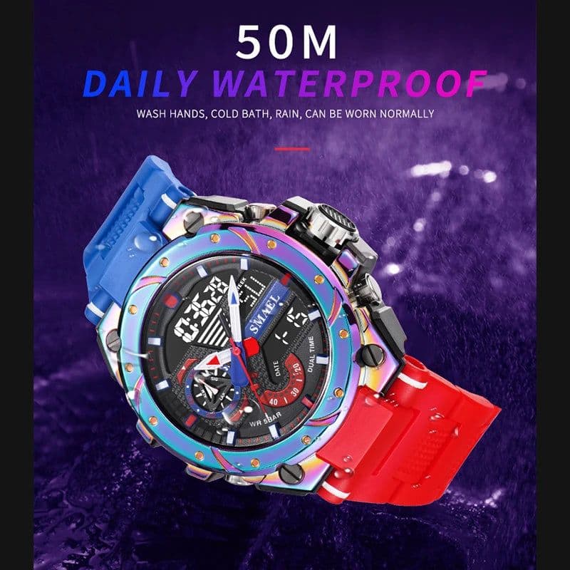 image-Quartz Watch For Men SMAEL Wristwatches Watcholorful Red Bracelet 50M Waterproof Alarm Clock Analog Digitals 8060 Sport Watches
