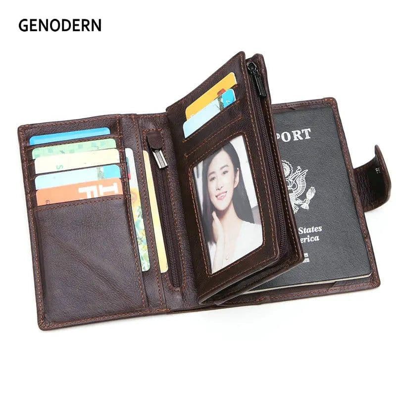 image-GENODERN Genuine Leather Men's Passport Cover Wallet Large Capacity Passport Holder Coin Purse Men Organizer Wallets Card Holder