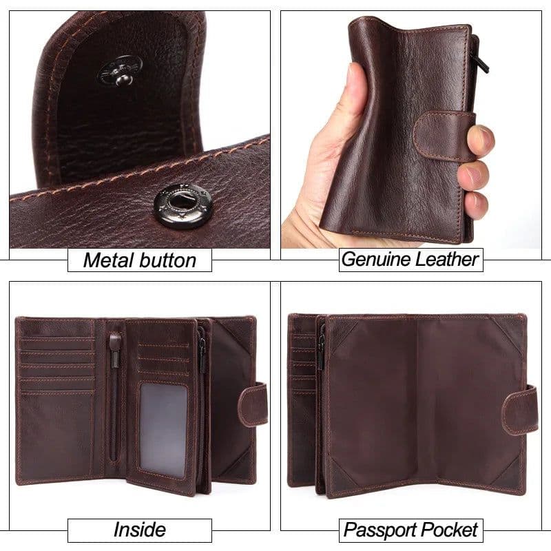 image-GENODERN Genuine Leather Men's Passport Cover Wallet Large Capacity Passport Holder Coin Purse Men Organizer Wallets Card Holder