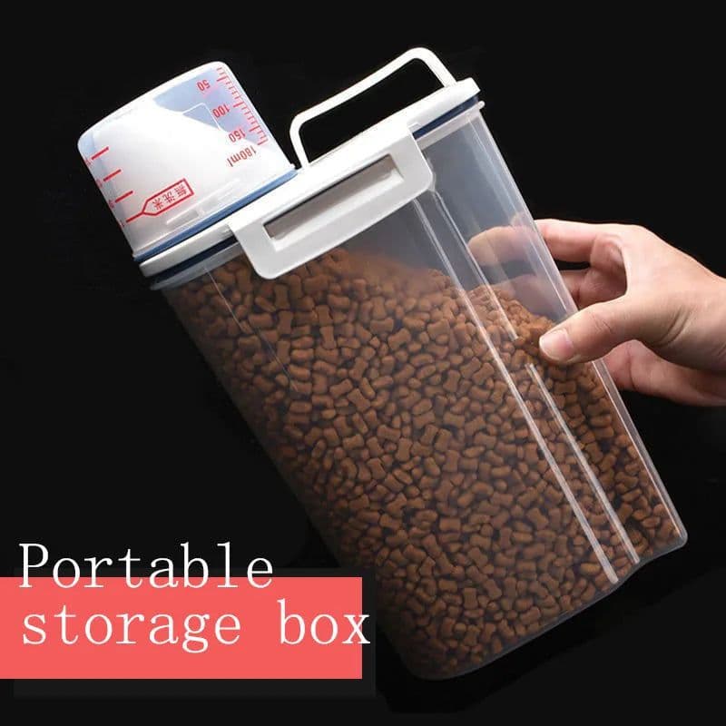 image-Dog Cat Food Pail Plastic Storage Tank with Measuring Cup Container Moisture-proof Sealed Jar Pet Supplies Accessories
