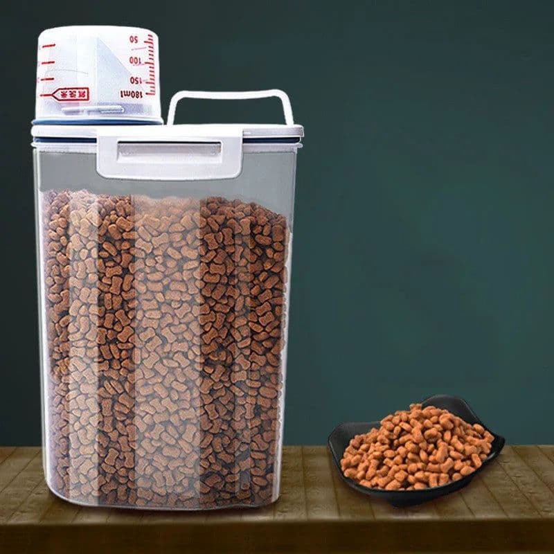 image-Dog Cat Food Pail Plastic Storage Tank with Measuring Cup Container Moisture-proof Sealed Jar Pet Supplies Accessories