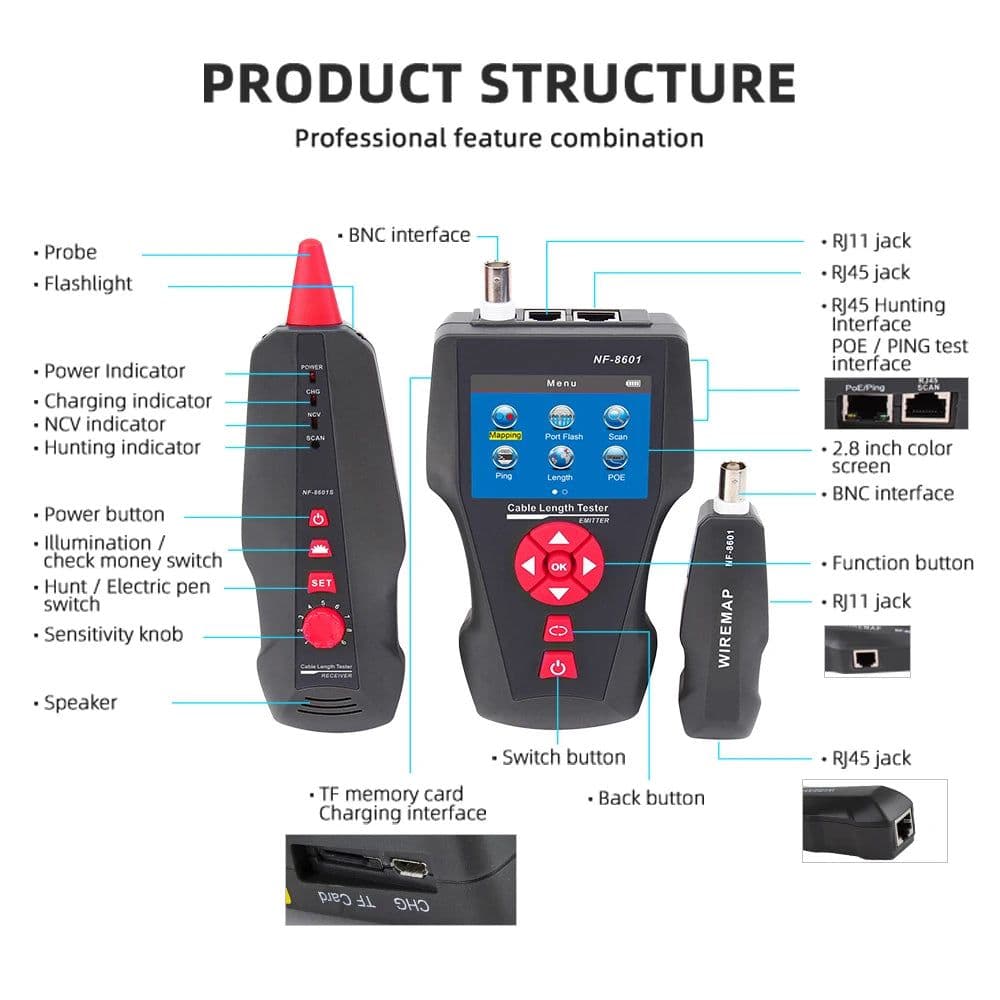 image-Original Noyafa NF-8601W Multifunction Network Cable Tester RJ45 RJ11 BNC POE PING Crosstalk Test Network Wire Cable Tracker