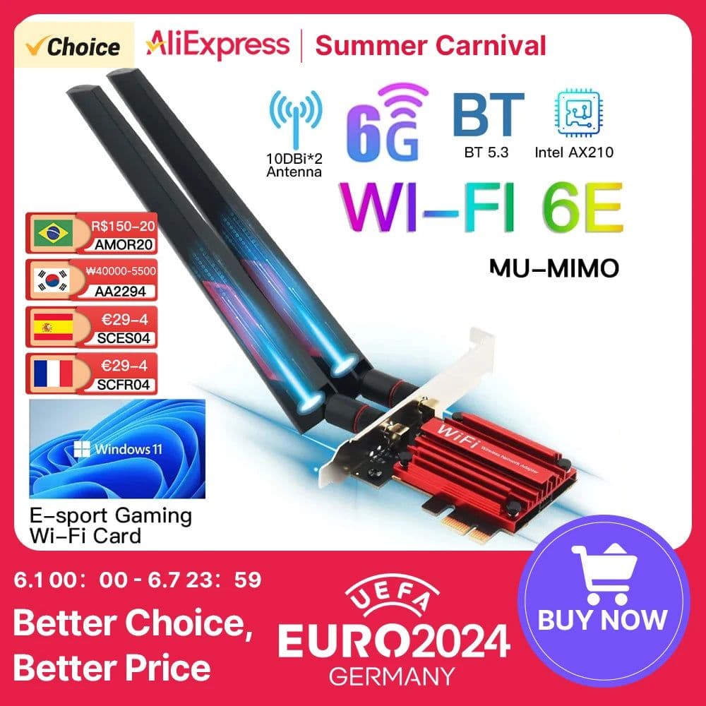 image-3000Mbps WiFi6E AX210 Bluetooth 5.3 Dual Band 2.4G/5GHz/6GHz WiFi Card 802.11AX/AC PCI Express Wireless Network Card Adapter PC