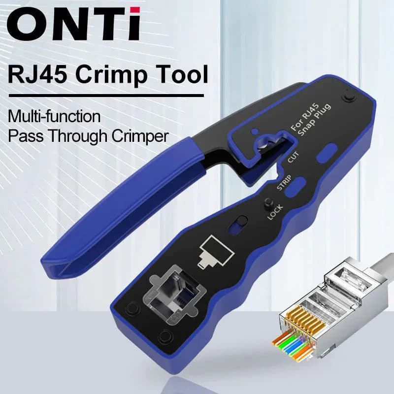 image-ONTi RJ45 Cat7/6/6A/5E Connector , RJ45 Crimper Tool Pass Through Crimp with Replacement Blade Ethernet Cable Stripper